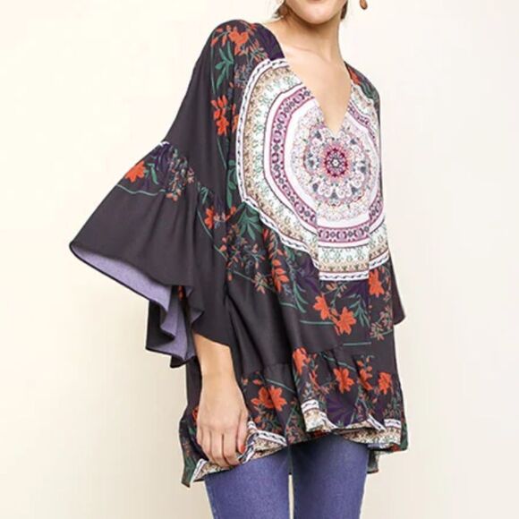 Umgee Oversized Medallion Floral V-Neck Ruffled Sleeves Tunic Women’s Medium - Picture 2 of 12
